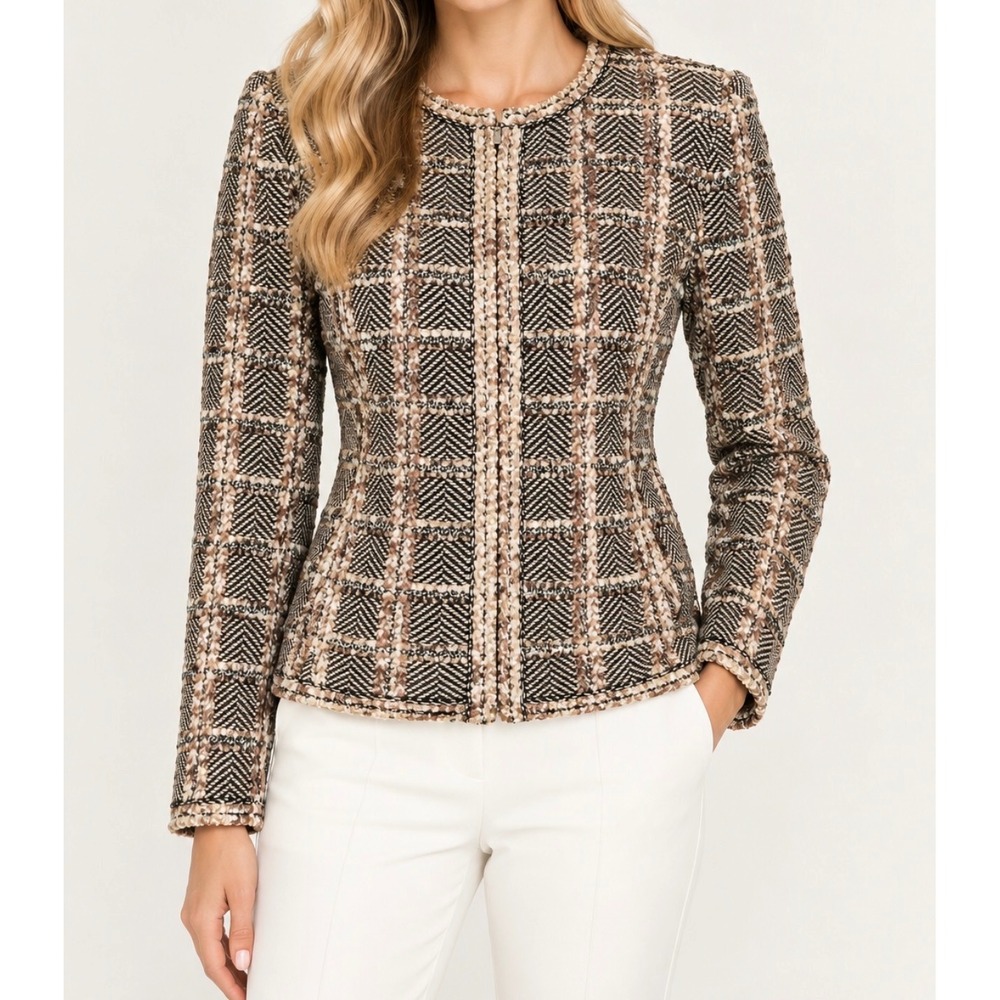 St. John Knit Jacket Women 6 Brown Chevron Plaid Metallic Zip Front Old Money